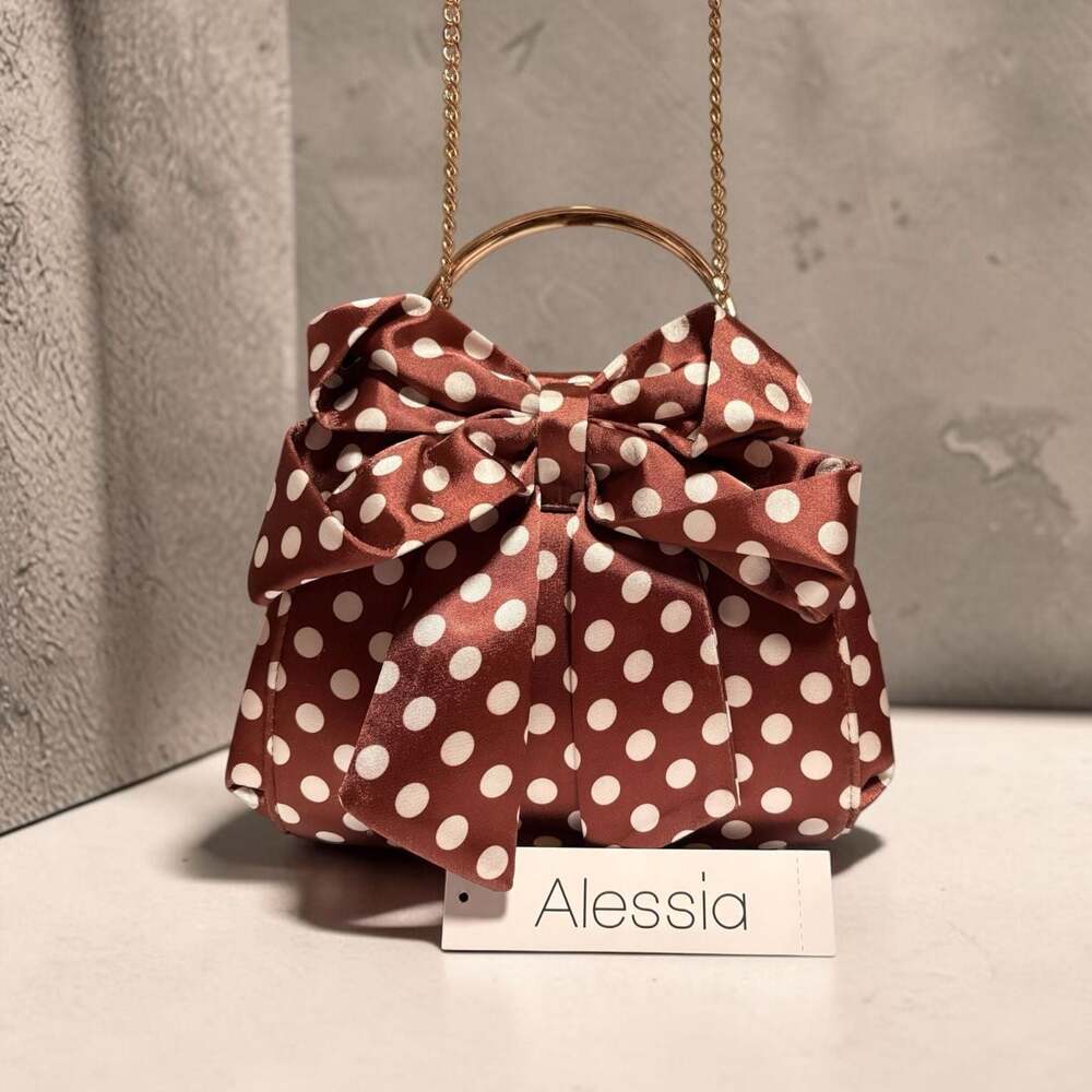 Alessia Brown Polka Dot Bow Satin Handbag with Gold Chain Strap